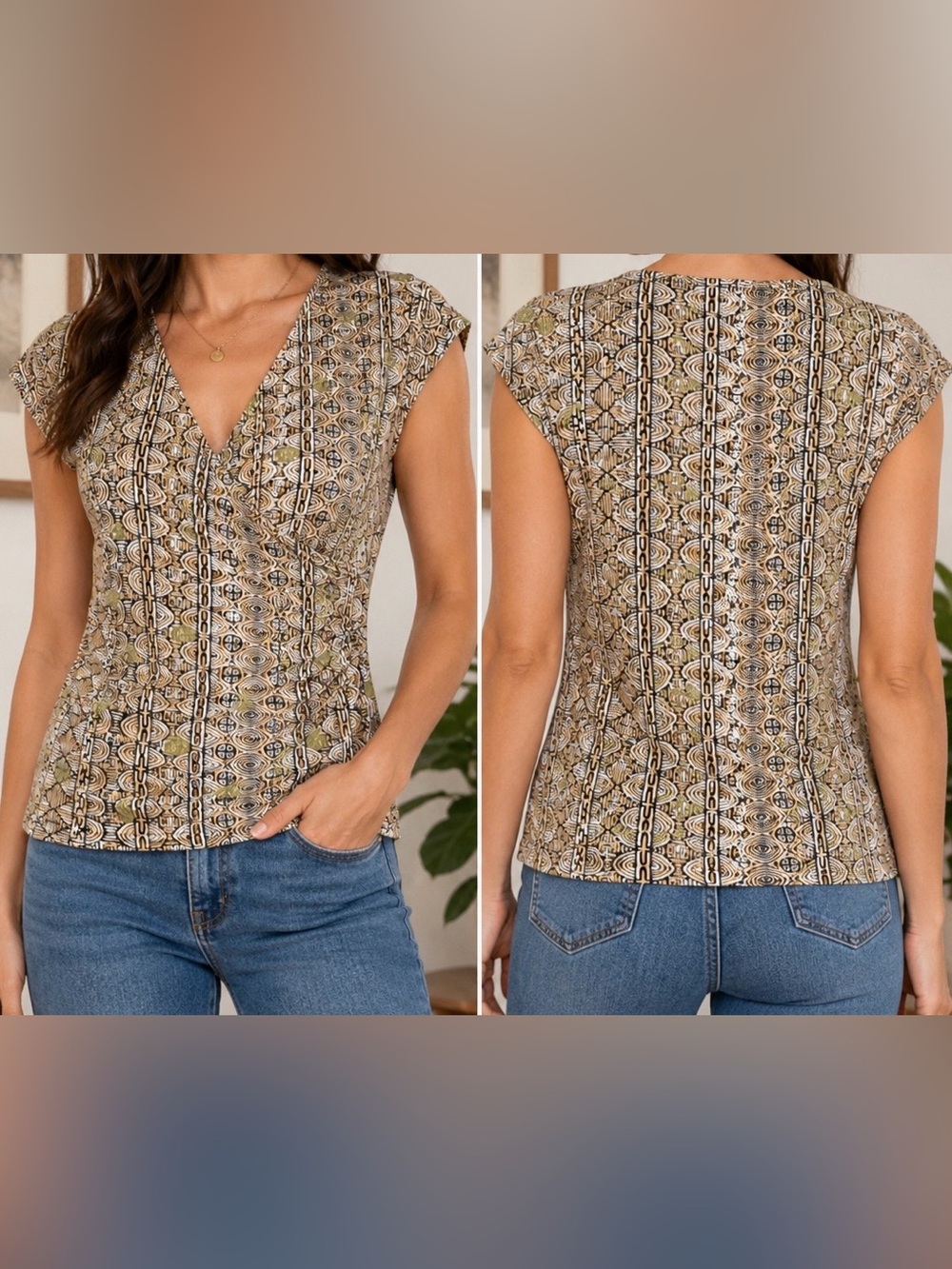 Talbots Pure Silk Wrap Blouse Medium Geometric Print Cap Sleeve 100% Silk